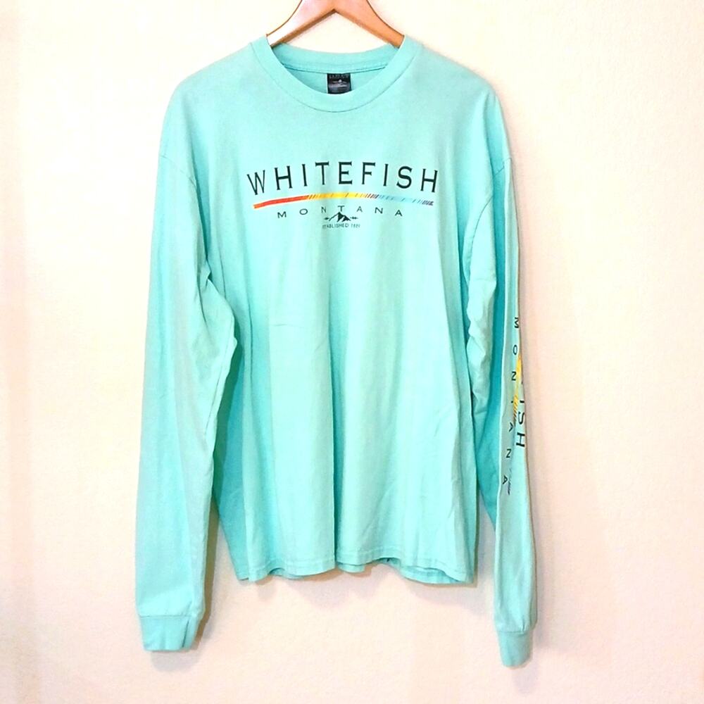Prairie Mountain Whitefish Montana long sleeve teal shirt